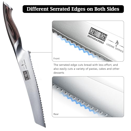 HOSHANHO Brotmesser, 20cm Gestochen Scharf Brotmesser mit Wellenschliff aus Hochgekohltem Edelstahl, Professional Bread Knife für Brot, Bagels, Kuchen