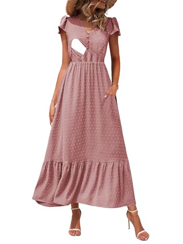 Women Nursing Boho Maxi Dresses Cap Short Sleeve V Neck Swiss Dot High Waisted A-Line Ruffle Tiered with Pockets