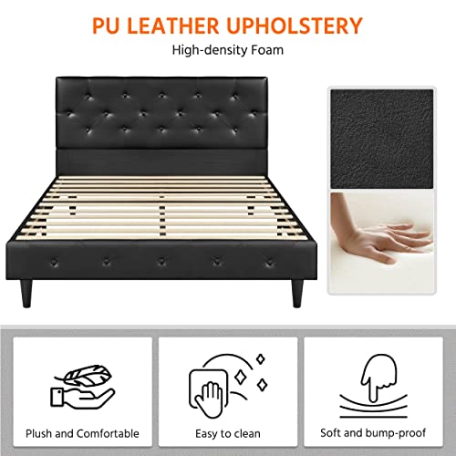 Yaheetech Queen Size Platform Bed Frame, Classic Faux Leather Upholstered Bed Frame With Button Tufted Headboard, Wooden Slats Support/Mattress Foundation/No Box Spring Needed/Easy Assembly/Black #TOP7
