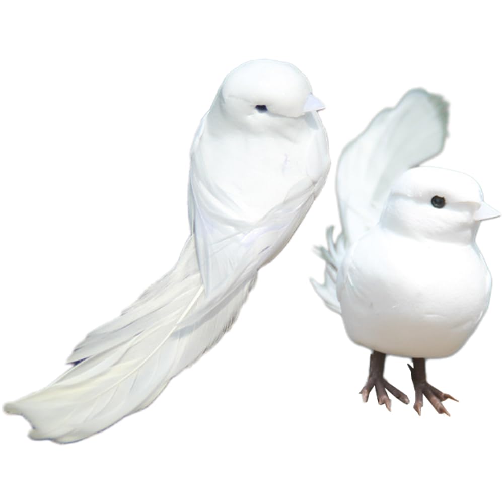Oulensy White 2Pcs Artificial Foam Feather Birds Decorative Fake Doves Bird For Diy Craft Home Ornaments Garden Wedding Decor