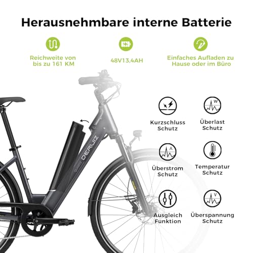 DERUIZ Quartz 28 Zoll E-Bike Damen & Herren, Elektrofahrrad City & Trekking, 48V Akku, bis 161 km Reichweite, 8-Gang-Schaltung, 55 Nm Drehmoment, App-Steuerung, hydraulische Scheibenbremsen – Bild 4