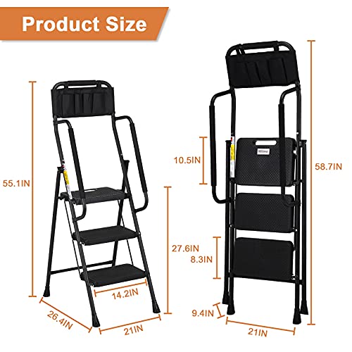 Hbtower 3 Step Ladder With Handrails, 500 Lbs Folding Step Stool With Attachable Tool Bag & Anti-Slip Wide Pedal For Home Kitchen Pantry Office (3-Step) #TOP4