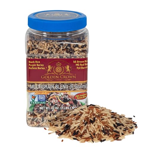 Golden Crown 6-in-1 Multigrain Blend with Black Rice, Red & Sprouted Brown Rice, Purple Barley - Premium Quality & GMO Free - Perfect for Bowls, Pilafs, Soups, Stir-Fries & Meal Prep, 32 oz (2 lbs)