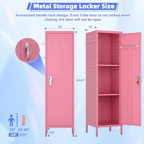 Image of SUPEER Pink Metal Locker with Lock, Pegboards and 5 Hooks, 54.45 inch H | 15 inchW x 15 inchD steel locker with keyed lock, 2 door pegboards, 5 hooks, ventilation openings and required assembly.