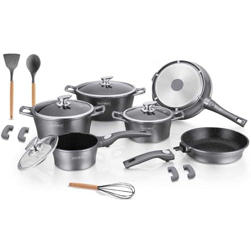Lot de 17 batteries de cuisine et poêles en aluminium moulé sous pression, revêtement en marbre, idéal pour induction ou gaz, couvercles en verre et outils...