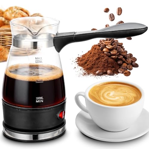 RANJIMA Cafetera turca eléctrica de 500 ml, 220 V, inducción, con mango, cristal cezve para café turco y moca, cafetera turca para el hogar, oficina, viajes