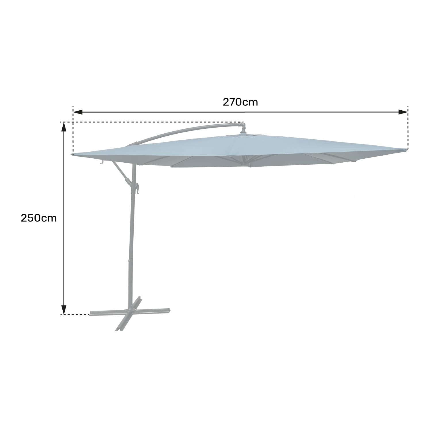 Wolnostojący parasol przeciwsłoneczny MOLOKAI kwadratowy 2,7 x 2,7 m niebiesko-szary z korbą. Wolnostojący, przechylany, składany i obrotowy parasol przeciwsłoneczny z pokrowcem ochronnym.