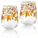 Whaline 2Pcs Fall Stemless Wine Glasses 17oz Maple Leaf Drinking Glasses with Gold Rim Autumn Leaves Tumbler Cups for Party Supplies Gifts