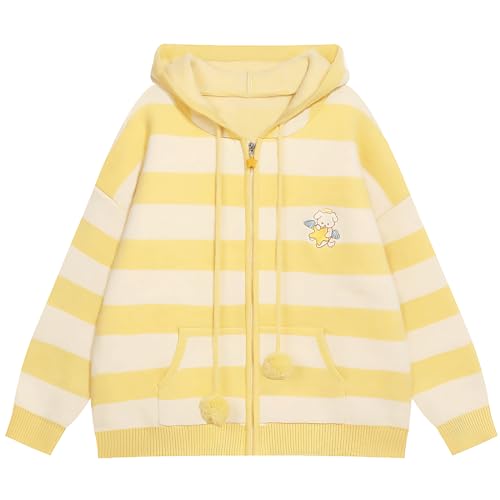 Harajuku Y2K Kawaii Goth Fashion Zipper Soft Knitted Cute Embroidery Doggy Trim Stripe Hooded Cardigan Sweater