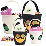 Halloween Trick or Treat Basket​, 4 Pack Handmade Non-Woven Candy Tote Bags with 3D Plush Halloween Characters, Small & Mini Sizes, Pumpkin, Black Cat, Mummy & Frankenstein Designs (Black & White)