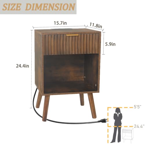 Image of Fultyle Mid Century Modern Nightstand with Charging Station, Modern Bedside Table with Fluted Drawer and Storage Shelf, End Side Tables Living Room for Bedroom, Office (Rustic Brown)