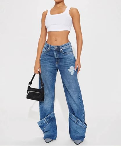 Women's Trendy Street Hip Hop Jeans High Waisted Straight Leg Denim Pants with Subtle Flare3