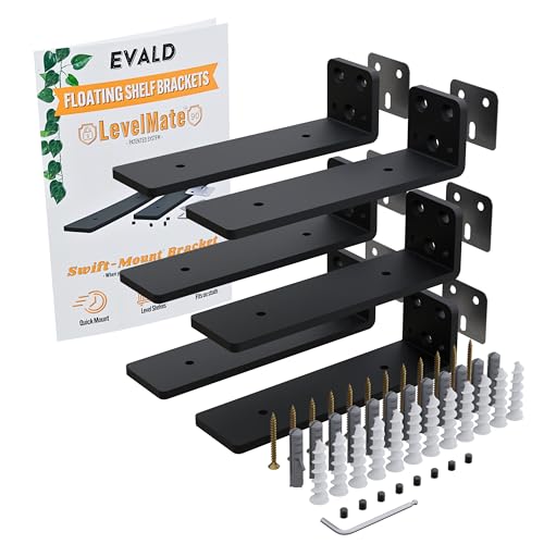 EVALD LevelMate™ 6" Swift-Mount Floating Shelf Brackets | Heavy Duty Hidden Black Carbon Steel Supports for Wood Shelves, Mantels & Décor | Anti-Sag Counterforce System (6 Pack)