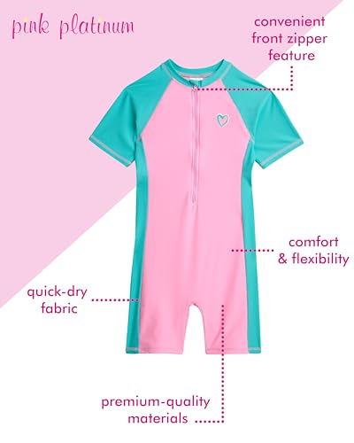 Image of Pink Platinum Girls Swimsuit - One Piece Short Sleeve Rashguard Kids Bathing Suit with UPF 50+ Protection - Kids Swimwear Set