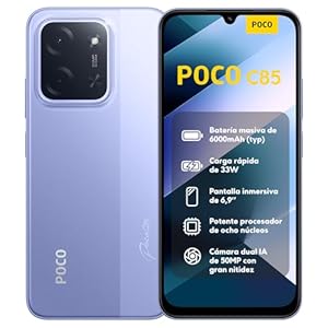 XIAOMI POCO C85 – Smartphone de 6+128GB, Cámara Dual de 50MP con AI, Pantalla inmersiva de 6,9”, Potente procesador Octa-Core, Carga rápida de 33W, 6000mAh, Cargador no Incluido, Morado (Versión ES)