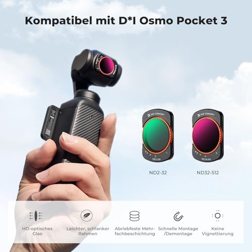 K&F CONCEPT magnetisches ND Filter Set, kompatibel mit DJI Osmo Pocket 3/4, Variabler ND2-ND32 und Variabler ND Filter ND32-512, Osmo Pocket 3 Zubehör, Osmo Pocket 4 Zubehör(Aluminiumrahmen)