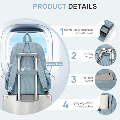 School Backpack for Teens Boys Girls Cute Corduroy Bookbag Classic Casual High School Bag Lightweight College Backpack For Women Men(Blue) - Image 6