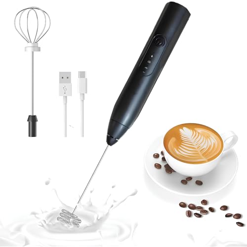 Mini Mixer Elétrico Recarregável USB 3 Velocidades + Espumador de Leite Profissional em Aço Inoxidável + 2 Batedores – Misturador Portátil para Cappuccino, Café, Matcha, Shakes e Ovos (Preto)