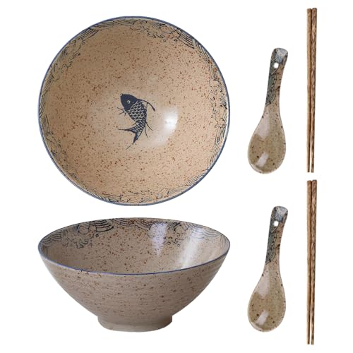 Pyuyan Juego de Cuencos para Ramen 1200ml, Cuenco Grande para Sopa Fideos Japonesa, Cuenco para Ramen de Cerámica, con Palillos y Cuchara, para Sopa de Ramen, Pasta, Macedonia, Arroz