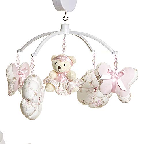 Móbile Musical Ursinha, Flores e Borboletas, Quarto Bebê Menina, Potinho de Mel, Rosa