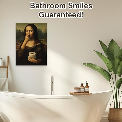 Funny Bathroom Wall Art, Humorous Mona Lisa Wall Decor, Unique Bathroom Pictures for Toilet, Unframed Vintage Canvas Poster, Novelty Mona Lisa Holding Her Nose Print for Home Office, 40x30cm/16x12in - Image 4