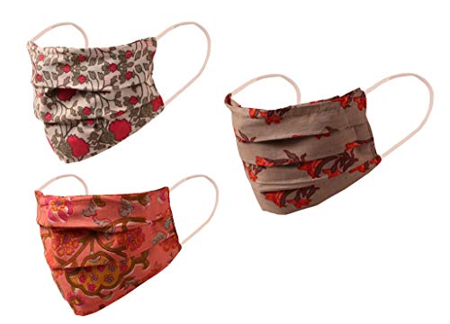 Touchstone Indian Heritage Fabric Filter Pocket Nose Bridge Double Layer Cotton face mask Reusable Washable for Men, Women (Pack of 3). Pink Grey White