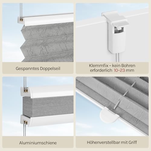 WOLTU Plissee Klemmfix ohne Bohren, Crushed-Optik, 65 x 130 cm, Grau – Ansicht 6