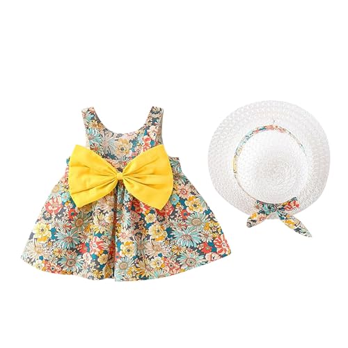 Mercatoo Vestido personalizado para crianças, vestido de laço, vestido infantil para jardim, chapéu