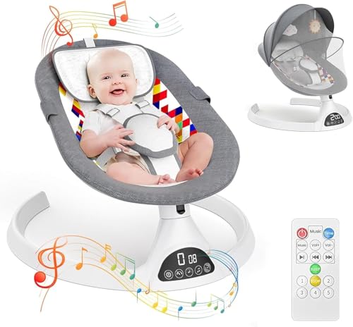 Hamaca Bebé Eléctrica, Mecedora para Niños de 0 a 12 Meses, Hamaca Bebé Carga Máxima12,5 kg, Columpio Bebe, 5 Velocidades Balanceo, con Mando a Distancia y Blueteeth, Plegable, 12 Melodias