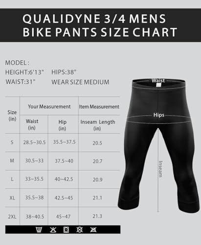 qualidyne Calça masculina 3/4 de bicicleta, legging acolchoada 4D para ciclismo ao ar livre, Preto,