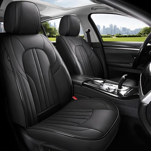 Image of MINGBRON Car Seat Cover Full Set, Leather Car Seat Cover, Waterproof Seat Covers, Car Seat Cushion, Nappa Leather Seat Covers Car Seat Protector Universal Fit Most Cars Black