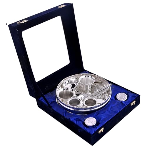 Image of Jaipur Ace Premium Silver Plated Pooja Thali Set in Velvet Box |Decorative Diwali Gift Set with Ritual Compartments, Glass Lid Display & Gold Clasps for Sacred Celebrations
