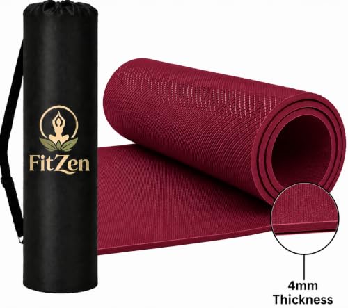 Image of FitZenYoga Mat for Women and Men 4mm with Carry Strap EVA Material Extra Thick Exercise Mat for Workout Yoga Fitness Pilates and Meditation, Anti Tear Anti Slip For Home & Gym Use (Maroon)
