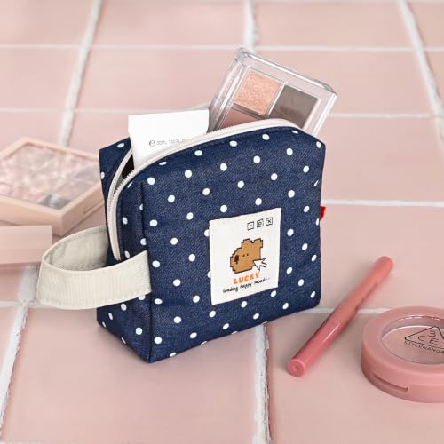 Image of Monolike Happy and Lucky Denim Dot Cube Pouch, Navy - Makeup Bag, Cosmetic Bag, Travel Bag, Toiletry Bag, Organizer, Storage Bag