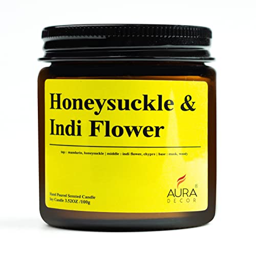 Image of AuraDecor Scented Jar Candle | Handpoured Soy Wax Candle with Long Lasting Burn Time | Premium Amber Jar Aromatherapy Candle | Ideal Gift for Home & Decor (Large, Honeysuckle & Indi Flower)