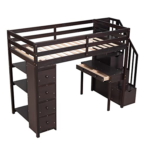 CITYLIGHT Twin Size Loft Bed with Desk and Storage Staircase, Wood Twin Loft Bed Frame with Drawers and Shelves, Kids High Loft Bed Twin for Girls & Boys, No Box Spring Needed (Twin, Espresso)