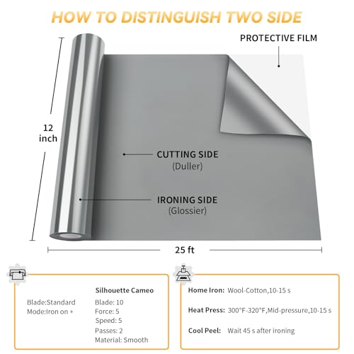 image for VinylRus Heat Transfer Vinyl-12” x 25ft Silver Iron on Vinyl Roll fo