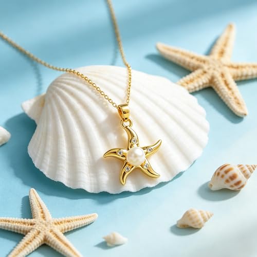Starfish & Pearl Beach Necklace for Women, 18k Gold Plated Dainty Summer Jewelry, Titanium Steel Star Pendant Vacation Jewelry for Women — view 5