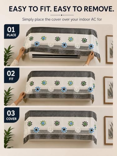 Image of Premium Cotton Net Split AC Cover for 1.5 Ton Indoor Unit | Designer Summer AC Dust Protection Cover | Stylish Protective AC Cover | 38 x 15.35 x 7.8 In | Grey Flower