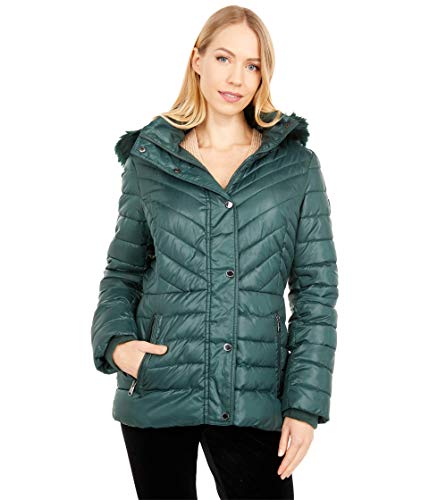 Kenneth Cole Faux Fur Trimmed Short Puffer Emerald XL
