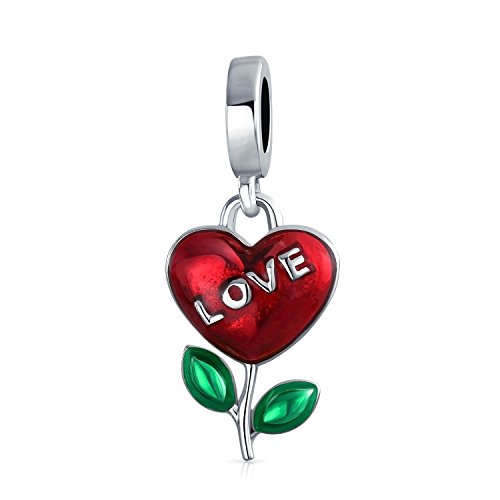 Abalorio colgante de plata con flor roja y corazón para pulsera