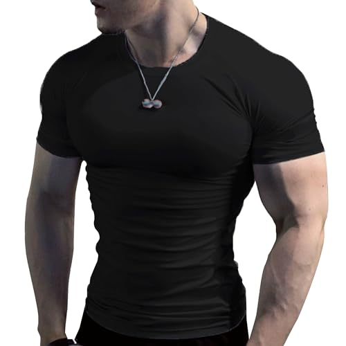 Hombres Muscle Casual Manga Corta Camiseta Deportiva Running de Algodón Slim Stretch Athletic Workout Gym Jersey, Negro , S