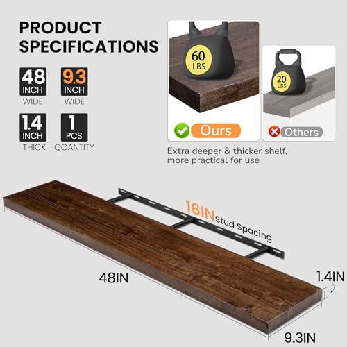 Image of Fun Memories Floating Shelves for Wall, 48 inchx9.3 inch Rustic Solid Elm Wood Wall Shelves, Heavy-Duty Mounted Shelves with Invisible Brackets for Living Room, Bedroom, Kitchen, Walnut Finish