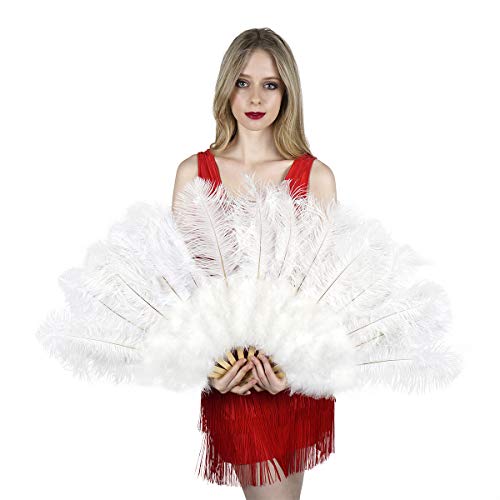 ZUCKER Large Ostrich Feather Hand Fan - Flapper Folding Fan Dance Costume Accessory - White