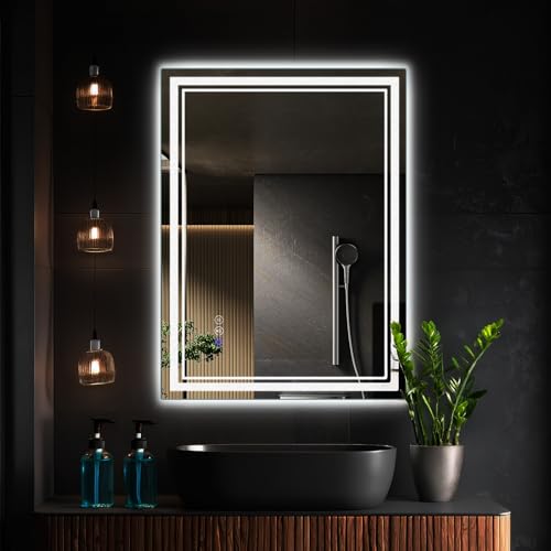 SaniteModar Specchio da Bagno con Illuminazione 60 x 80 cm, Specchio da Bagno con Doppia Striscia Luminosa, Specchio da Parete con Luci a Tre Colori, Senza Appannamento, Interruttore Touch