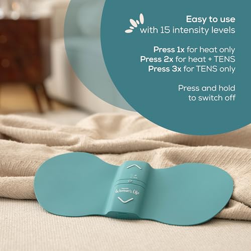Beurer EM 55 Menstrual Relax+, contre les douleurs menstruelles et les douleurs dues à l'endométriose, fonction TENS et chaleur, avec batterie rechargeable, surface de chaleur plus grande, turquoise