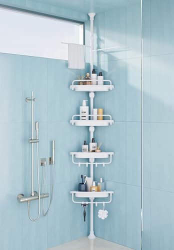 XLHOMO 32-122inch Corner Shower Caddy Tension Pole All White, Rustproof Drill-Free Shower Shelves for Bathroom Bathtub Washbasin, Adjustable Shower Organizer with 4 Tier Patent Shelves & Towel Bars