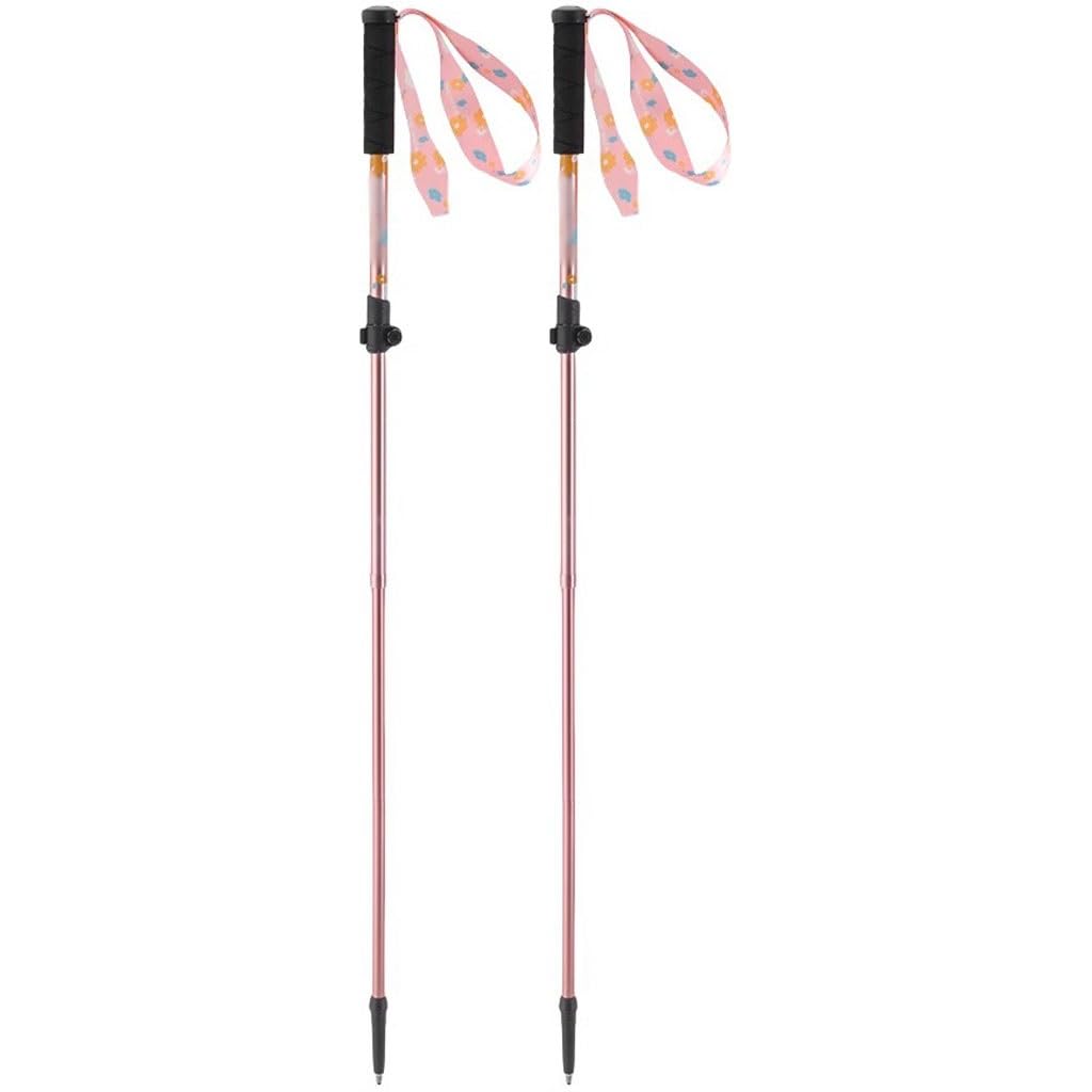 Portable Adjustable Trekking Poles, 2 Pack Walking Sticks with Outer Lock, Safety Tungsten Steel Pole Tip, with Wrist Strap(Pink Color)