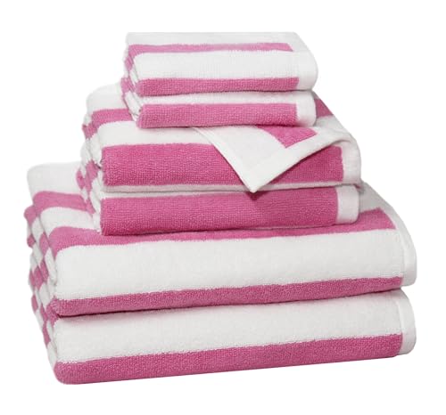 Image of ORIGINAL KIDS 6 Piece Towel Set - Cabana Stripe - Rugby Stripe - 2 Bath Towels, 2 Hand Towels, 2 Washcloths - 100% Cotton - Soft Absorbent Quick Dry Durable Pool Shower Beach - Gift - Pink White