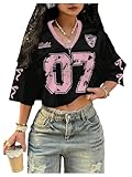 RoseSeek Women's Oversized Tshirts Graphic Mesh Jerseys Shirts Half Sleeve V Neck Y2K Crop Tops Streetwear Pink and Black Small